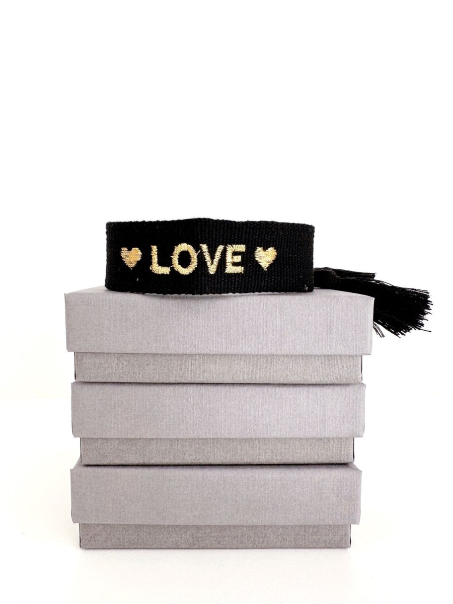 Armb Nder Ohrangerie | Gewebtes Armband "Love", Schwarz/Gold